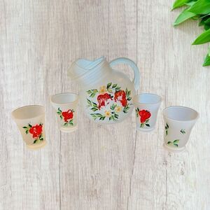 Vntg Hand Painted Strawberries Frosted Glass Juice Set 1950s Mid Century Modern